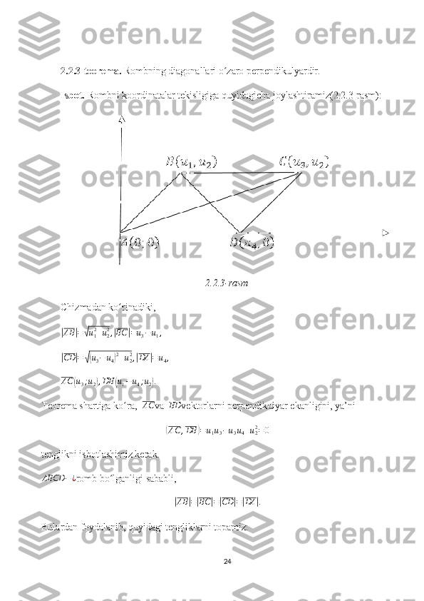 2.2.3-teorema.  Rombning diagonallari o zaro perpendikulyardir.ʻ
Isbot.  Rombni koordinatalar tekisligiga quyidagicha joylashtiramiz(2.2.3-rasm):
2.2.3-rasm
Chizmadan ko rinadiki, 	
ʻ	
|
AB	| =	√ u
12
+ u
22
,	| BC	| = u
3 − u
1 ,	
|CD	|=	√(u3−	u4)2+u22,|DA	|=u4,	
AC	(u3;u2),DB	(u1−u4;u2).
Teorema shartiga ko ra, 	
ʻ  	AC va   	BD vektorlarni perpendikulyar ekanligini, ya’ni
(AC	,DB	)=u1u3−u3u4+u22=	0
tenglikni isbotlashimiz kerak.
ABCD − ¿
romb bo lganligi sababli, 	
ʻ	
|AB	|=|BC	|=|CD	|=|DA	|.
 
Bulardan foydalanib, quyidagi tengliklarni topamiz:
24 
