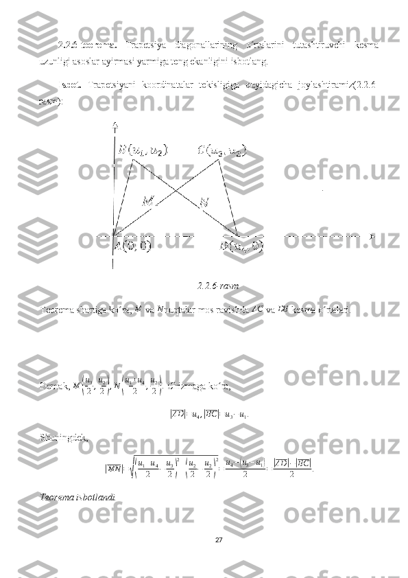 2.2.6-teorema.   Trapetsiya   diagonallarining   o rtalarini   tutashtiruvchi   kesmaʻ
uzunligi asoslar ayirmasi yarmiga teng ekanligini isbotlang.
Isbot.   Trapetsiyani   koordinatalar   tekisligiga   quyidagicha   joylashtiramiz(2.2.6-
rasm):
2.2.6-rasm
Teorema shartiga ko ra, 	
ʻ	M  va 	N nuqtalar mos ravishda 	AC  va 	DB  kesma o rtalari. 	ʻ
Demak,  M	
( u
3
2 , u
2
2	) , N	( u
1 + u
4
2 , u
2
2	) .
 Chizmaga ko ra,	ʻ	
|AD	|=	u4,|BC	|=u3−u1.
Shuningdek,	
|
MN	| =	√( u
1 + u
4
2 − u
3
2	) 2
+	( u
2
2 − u
2
2	) 2
= u
4 −	
( u
3 − u
1	)
2 =	| AD	| −	| BC	|
2 .
Teorema isbotlandi.
27 