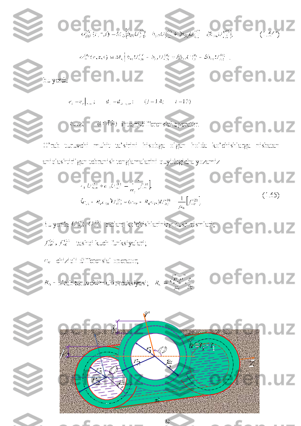                           (1.64’)
          
bu yerda
              
                - integridifferensial operator.
O’rab   turuvchi   muhit   ta’sirini   hisobga   olgan   holda   ko’chishlarga   nisbatan
aniqlashtirilgan tebranish tenglamalarini quyidagicha yozamiz
                                  (1.65)
Bu yerda    qatlam ko’chishlarining bosh qismlari;
 - tashqi kuch funksiyalari;
 -chiziqli differensial operator;
o’rab turuvchi muhit reaksiyasi;   
27hr	
	1r
2r	
z	

b)
h	
r	
	1r	
2r	a)	
1	2	r	r	h		 