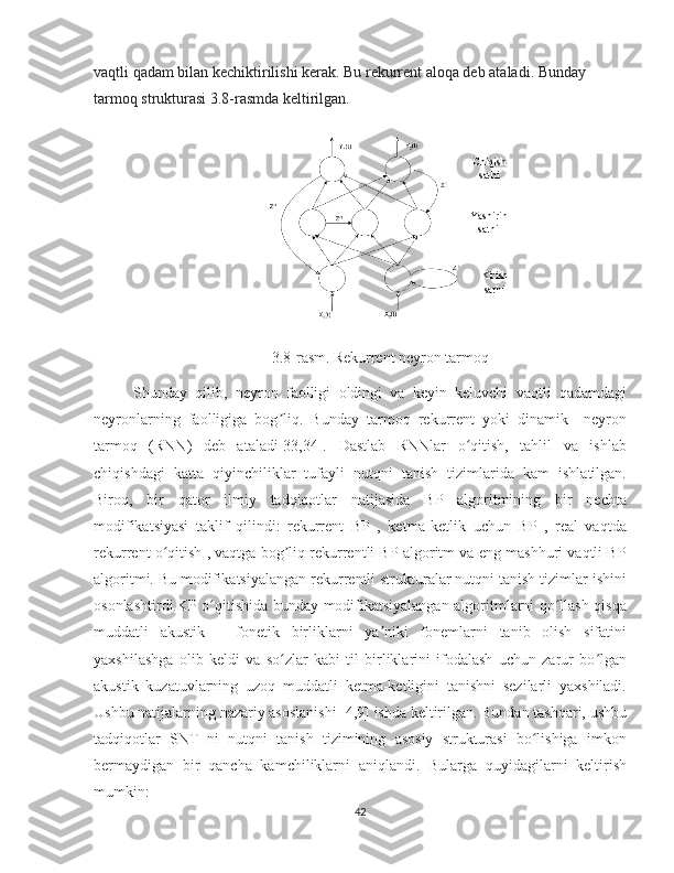 vaqtli qadam bilan kechiktirilishi kerak. Bu rekurrent aloqa deb ataladi. Bunday 
tarmoq strukturasi 3.8-rasmda keltirilgan.
3.8-rasm.   Rekurrent neyron tarmoq
Shunday   qilib,   neyron   faolligi   oldingi   va   keyin   keluvchi   vaqtli   qadamdagi
neyronlarning   faolligiga   bog liq.   Bunday   tarmoq   rekurrent   yoki   dinamik     neyronʼ
tarmoq   (RNN)   deb   ataladi[33,34].   Dastlab   RNNlar   o qitish,   tahlil   va   ishlab	
ʻ
chiqishdagi   katta   qiyinchiliklar   tufayli   nutqni   tanish   tizimlarida   kam   ishlatilgan.
Biroq,   bir   qator   ilmiy   tadqiqotlar   natijasida   BP   algoritmining   bir   nechta
modifikatsiyasi   taklif   qilindi:   rekurrent   BP   ,   ketma-ketlik   uchun   BP   ,   real   vaqtda
rekurrent o qitish , vaqtga bog liq rekurrentli BP algoritm va eng mashhuri vaqtli BP	
ʻ ʼ
algoritmi. Bu modifikatsiyalangan rekurrentli strukturalar nutqni tanish tizimlar ishini
osonlashtirdi.KP o qitishida bunday modifikatsiyalangan algoritmlarni qo llash qisqa	
ʻ ʻ
muddatli   akustik   –   fonetik   birliklarni   ya niki   fonemlarni   tanib   olish   sifatini	
ʼ
yaxshilashga   olib   keldi   va   so zlar   kabi   til   birliklarini   ifodalash   uchun   zarur   bo lgan	
ʻ ʻ
akustik   kuzatuvlarning   uzoq   muddatli   ketma-ketligini   tanishni   sezilarli   yaxshiladi.
Ushbu natijalarning nazariy asoslanishi [4,9] ishda keltirilgan. Bundan tashqari, ushbu
tadqiqotlar   SNT   ni   nutqni   tanish   tizimining   asosiy   strukturasi   bo lishiga   imkon	
ʻ
bermaydigan   bir   qancha   kamchiliklarni   aniqlandi.   Bularga   quyidagilarni   keltirish
mumkin:
42 Chiqish
sathi
Yashirin
sathi
Kirish
sathi 