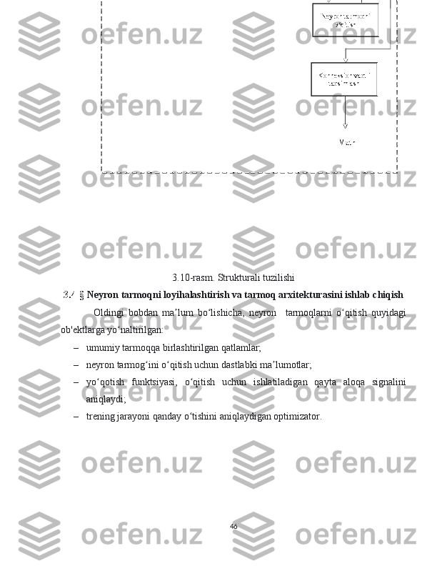   
3.10-rasm. Strukturali tuzilishi
3.4-§  Neyron tarmoqni loyihalashtirish va tarmoq arxitekturasini ishlab chiqish
Oldingi   bobdan   ma lum   bo lishicha,   neyron     tarmoqlarni   o qitish   quyidagiʼ ʻ ʻ
ob'ektlarga yo naltirilgan:	
ʻ
– umumiy tarmoqqa birlashtirilgan qatlamlar;
– neyron tarmog ini o qitish uchun dastlabki ma lumotlar;	
ʻ ʻ ʼ
– yo qotish   funktsiyasi,   o qitish   uchun   ishlatiladigan   qayta   aloqa   signalini	
ʻ ʻ
aniqlaydi;
– trening jarayoni qanday o tishini aniqlaydigan optimizator.	
ʻ
46 MatnNeyron tarmoqni 
o qitish	
ʻ
Konneksion vaqtli 
taqsimlash 
