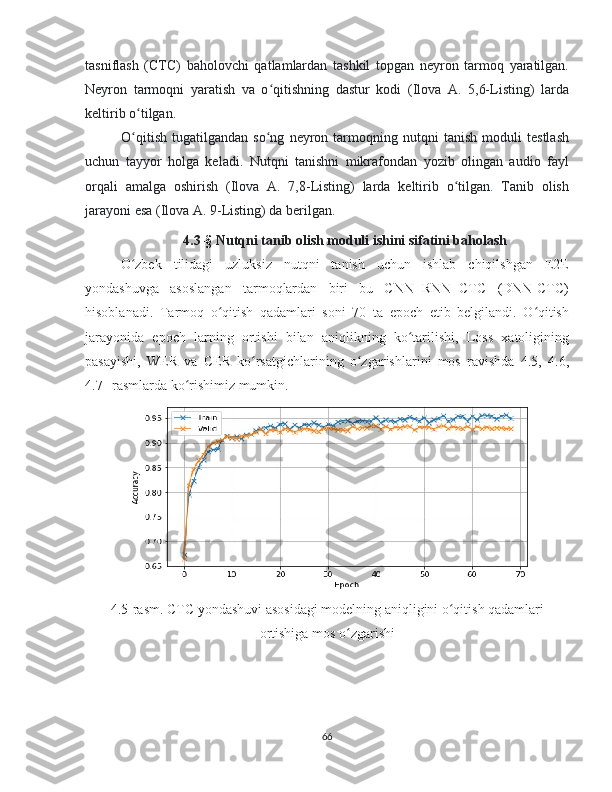 tasniflash   (CTC)   baholovchi   qatlamlardan   tashkil   topgan   neyron   tarmoq   yaratilgan.
Neyron   tarmoqni   yaratish   va   o qitishning   dastur   kodi   (Ilova   A.   5,6-Listing)   lardaʻ
keltirib o tilgan.	
ʻ
O qitish   tugatilgandan   so ng   neyron   tarmoqning   nutqni   tanish   moduli   testlash
ʻ ʻ
uchun   tayyor   holga   keladi.   Nutqni   tanishni   mikrafondan   yozib   olingan   audio   fayl
orqali   amalga   oshirish   (Ilova   A.   7,8-Listing)   larda   keltirib   o tilgan.   Tanib   olish	
ʻ
jarayoni esa (Ilova A. 9-Listing) da berilgan.
4.3 -§  Nutqni tanib olish moduli ishini sifatini baholash
O zbek   tilidagi   uzluksiz   nutqni   tanish   uchun   ishlab   chiqilshgan   E2E	
ʻ
yondashuvga   asoslangan   tarmoqlardan   biri   bu   CNN+RNN+CTC   (DNN-CTC)
hisoblanadi.   Tarmoq   o qitish   qadamlari   soni   70   ta   epoch   etib   belgilandi.   O qitish	
ʻ ʻ
jarayonida   epoch   larning   ortishi   bilan   aniqlikning   ko tarilishi,   Loss   xatoligining	
ʻ
pasayishi,   WER   va   CER   ko rsatgichlarining   o zgarishlarini   mos   ravishda   4.5,   4.6,	
ʻ ʻ
4.7--rasmlarda ko rishimiz mumkin. 	
ʻ
4.5 -rasm.   CTC yondashuvi asosidagi modelning aniqligini o qitish qadamlari	
ʻ
ortishiga mos o zgarishi	
ʻ
66 