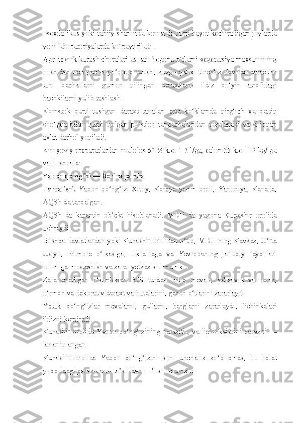 Psevdafikus yoki tabiiy sharoitda-komstok qurti hayot kechiradigan joylarda
yoqi laboratoriyalarda ko‘paytiriladi.
Agrotexnik kurash choralari asosan begona o‘tlarni vegetatsiya mavsumining
boshidan   oxirigacha   yo‘qotib   turish;   kuzgi-qishki   tinchlik   davrida   daraxtlar
tupi   bachkilarni   gumon   qilingan   daraxtlarni   ildiz   bo‘yin   atrofidagi
bachkilarni yulib tashlash.
Komstok   qurti   tushgan   daraxt   tanalari   erta   ko‘klamda   qirg‘ich   va   qattiq
cho‘gqa   bilan   qurib   qolgan   po‘stloq   tangachalaridan   tozalanadi   va   chiqqan
axlat darhol yoqiladi.
Kimyoviy preparatlardan-malofos 50 % k.e. 1-3 l/ga, ealon 35 k.e. 1-2 kg/ ga
va boshqalar.
Yapon qo‘ng‘izi — Rorina parsha
Tarqalishi.   Yapon   qo‘ng‘izi   Xitoy,   Koreya   yarim   oroli,   Yaponiya,   Kanada,
AQSh da tarqalgan.
AQSh   da   karantin   ob’ekt   hisoblanadi.   MDH   da   yagona   Kunashir   orolida
uchraydi.
Boshqa davlatlardan yoki Kunashir orolidan o‘tib, MDH ning Kavkaz, O‘rta
Osiyo,   Primore   o‘lkasiga,   Ukrainaga   va   Yevropaning   janubiy   rayonlari
iqlimiga moslashish va zarar yetkazishi mumkin.
Zararlanadigan   o‘simliklar:   300   turdan   ortiq   mevali,   sabzavot   va   poliz,
o‘rmon va dekorativ daraxt va butalarini, gazon o‘tlarini zararlaydi.
Ye tuk   qo‘ng‘izlar   mevalarni,   gullarni,   barglarni   zararlaydi;   lichinkalari
ildizni kemiradi.
Kunashir orolida Yapon qo‘ng‘izining paraziti-, va lichinkalarini paraziti —
lar aniqlangan.
Kunashir   orolida   Yapon   qo‘ng‘izini   soni   unchalik   ko‘p   emas,   bu   holat
yuqoridagi parazitlarni ta’siridan bo‘lishi mumkin. 