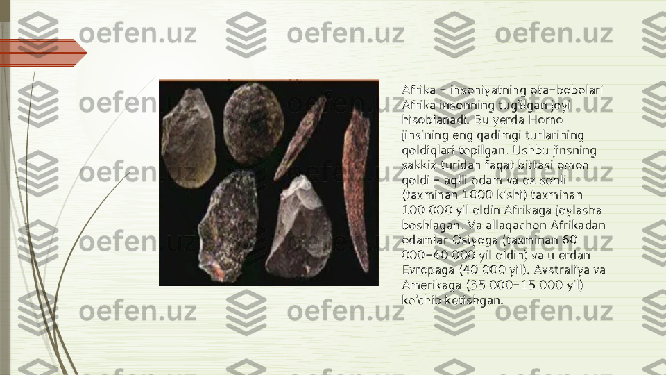 Afrika - insoniyatning ota-bobolari 
Afrika insonning tug'ilgan joyi 
hisoblanadi. Bu yerda Homo 
jinsining eng qadimgi turlarining 
qoldiqlari topilgan. Ushbu jinsning 
sakkiz turidan faqat bittasi omon 
qoldi - aqlli odam va oz sonli 
(taxminan 1000 kishi) taxminan 
100 000 yil oldin Afrikaga joylasha 
boshlagan. Va allaqachon Afrikadan 
odamlar Osiyoga (taxminan 60 
000-40 000 yil oldin) va u erdan 
Evropaga (40 000 yil), Avstraliya va 
Amerikaga (35 000-15 000 yil) 
ko'chib ketishgan.              