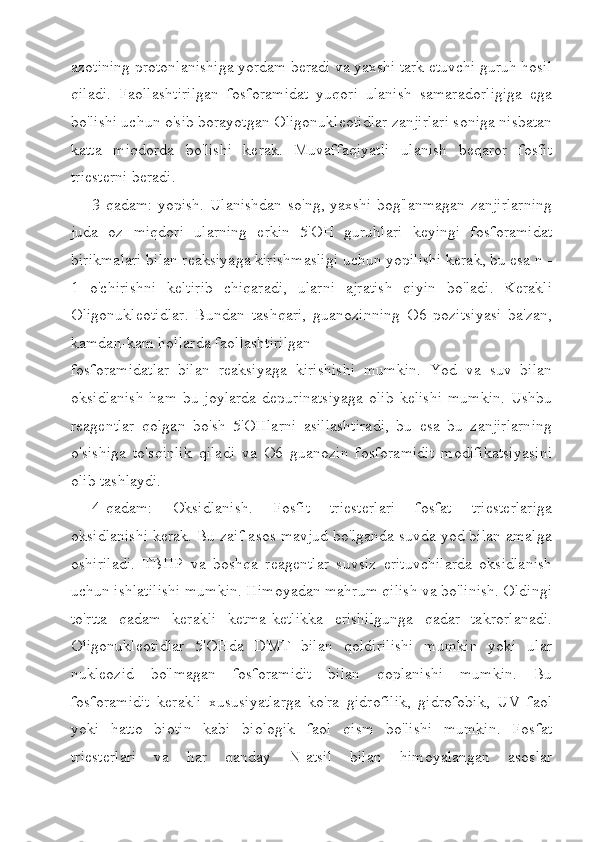 azotining protonlanishiga yordam beradi va yaxshi tark etuvchi guruh hosil
qiladi.   Faollashtirilgan   fosforamidat   yuqori   ulanish   samaradorligiga   ega
bo'lishi uchun o'sib borayotgan Oligonukleotidlar zanjirlari soniga nisbatan
katta   miqdorda   bo'lishi   kerak.   Muvaffaqiyatli   ulanish   beqaror   fosfit
triesterni beradi.
3-qadam: yopish. Ulanishdan so'ng, yaxshi bog'lanmagan zanjirlarning
juda   oz   miqdori   ularning   erkin   5'OH   guruhlari   keyingi   fosforamidat
birikmalari bilan reaksiyaga kirishmasligi uchun yopilishi kerak, bu esa n -
1   o'chirishni   keltirib   chiqaradi,   ularni   ajratish   qiyin   bo'ladi.   Kerakli
Oligonukleotidlar.   Bundan   tashqari,   guanozinning   O6   pozitsiyasi   ba'zan,
kamdan-kam hollarda faollashtirilgan
fosforamidatlar   bilan   reaksiyaga   kirishishi   mumkin.   Yod   va   suv   bilan
oksidlanish  ham  bu joylarda  depurinatsiyaga  olib   kelishi   mumkin.  Ushbu
reagentlar   qolgan   bo'sh   5'OHlarni   asillashtiradi,   bu   esa   bu   zanjirlarning
o'sishiga   to'sqinlik   qiladi   va   O6   guanozin   fosforamidit   modifikatsiyasini
olib tashlaydi.
4-qadam:   Oksidlanish.   Fosfit   triesterlari   fosfat   triesterlariga
oksidlanishi kerak. Bu zaif asos mavjud bo'lganda suvda yod bilan amalga
oshiriladi.   TBHP   va   boshqa   reagentlar   suvsiz   erituvchilarda   oksidlanish
uchun ishlatilishi mumkin. Himoyadan mahrum qilish va bo'linish. Oldingi
to'rtta   qadam   kerakli   ketma-ketlikka   erishilgunga   qadar   takrorlanadi.
Oligonukleotidlar   5'OHda   DMT   bilan   qoldirilishi   mumkin   yoki   ular
nukleozid   bo'lmagan   fosforamidit   bilan   qoplanishi   mumkin.   Bu
fosforamidit   kerakli   xususiyatlarga   ko'ra   gidrofilik,   gidrofobik,   UV   faol
yoki   hatto   biotin   kabi   biologik   faol   qism   bo'lishi   mumkin.   Fosfat
triesterlari   va   har   qanday   N-atsil   bilan   himoyalangan   asoslar 