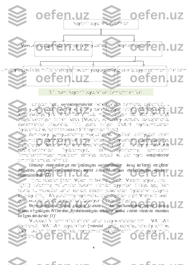 Neyronli qayta ishlash tizimlari
NeyroemulyatorlarMaxsuslashtirilgan tizimlar (neyrokompyuterlar)
Umumiy maqsadlarga mo’ljallangan neyropaketlar
Neyroilovalarni yaratuvchi  tizimlar Neyrotarmoqlar asosida tayyor echimlarni olish tizimlari
  2.1 –rasm. Neyronli qayta ishlash tizimlarini sinflash.
Haqiqatan   ham,   neyokompyuterlar   ixtisoslashgan   tizimlarda   qo'llaniladi,   u
yerda   yuzlab   NTlarini   o'qitish   va   doimiy   ravishda   qayta   o'qitish,   birlamchi   axborot
komplekslariga   yoki   ishlash   tezligi   juda   muhim   bo'lgan   real   vaqt   tizimlariga
integrallashtirilgan   bo'lishi   kerak   (Masalan,   zamonaviy   zarracha   tezlatgichlarida
eksperimentlar   o'tkazishda   1010   gacha   bo'lgan   CNAPS   neyrokomputerdan
foydalaniladi va har bir protsessor 512 neyrondan iborat).
Zamonaviy   kompyuterlarning   mavjudligi   va   hisoblash   qobiliyatlari   ortishi
ma’lumotlarni   neyronli   hisoblash   tamoyillaridan     kompyuterlarning   ketma-ketligiga
mo’ljallangan   dasturlarning   keng   tarqalishiga   olib   keldi.   Bunday   yondashuvda
parallellashtirishdan   foydalanmaydi,   lekin   neyronlarning   tarmoqlarini
formallashtirilmagan   masalalarni   echishga   qaratadi   va   ular   neyro   emulyatorlar
tomonidan amalga oshiriladi.
Umumiy   maqsadlarga   mo’ljallangan   neyropaketlar   –keng   ko'lamli   vazifalar
(masalan,   statistik   ma'lumotlarni   qayta   ishlash)   uchun   mo'ljallangan   dasturiy
mahsulotlardir [7].
Tijorat   paketlari   (Brain   Maker   Professional,   Neuro   Meteorologiyasi,   Jopa   -
IQ300)   o'zlarining   ma'lumotlar   bazasini   oldindan   tayyorlash   blokiga   ega,   lekin
ba'zida   bu   maqsadlar   uchun   standart   elektron   jadvallardan   foydalanish   qulayroq.
Shunday qilib, FIAN guruhining neyromahsulotlari to'g'ridan-to'g'ri Microsoft Excel-
ga maxsus ma'lumotni qayta ishlash funksiyasi sifatida kiritilgan.
Neyroilovalarni   ishlab   chiqish   tizimlari   -   bu   ma'lumotlarni   qayta   ishlash
uchun   o'rgatilgan   NTlardan   foydalanadigan   dasturiy   kodni   ishlab   chiqishi   mumkin
bo'lgan dasturdir [7].
Murakkab NTlarini ishlab chiqish uchun qulay vositalardan biri   –   MATLAB
hisoblanadi.   MATLAB   qayta ishlash ( wavelet   – tahlil, statistika, iqtisodiy tahlil va
h.k.)     usullari   bilan   birgalikda   neyrotarmoqli   usllarni   tahlili   uchun   qulay   muhit
hisoblanadi. 
4 