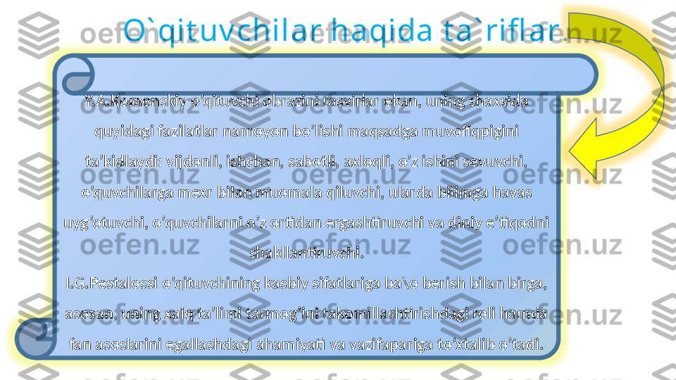 O` qit uv chilar haqida t a` rifl ar .
Y.A.Komenskiy o’qituvchi obrazini tasvirlar ekan, uning shaxsida 
quyidagi fazilatlar namoyon bo’lishi maqsadga muvofiqpigini 
ta’kidlaydi: vijdonli, ishchan, sabotli, axloqli, o’z ishini sevuvchi, 
o’quvchilarga mexr bilan muomala qiluvchi, ularda bilimga havas 
uyg’otuvchi, o’quvchilarni o’z ortidan ergashtiruvchi va diniy e’tiqodni 
shakllantiruvchi.
I.G.Pestalossi o’qituvchining kasbiy sifatlariga ba\o berish bilan birga, 
asosan, uning xalq ta’limi tarmog’ini takomillashtirishdagi roli hamda 
fan asoslarini egallashdagi ahamiyati va vazifapariga to’xtalib o’tadi. 