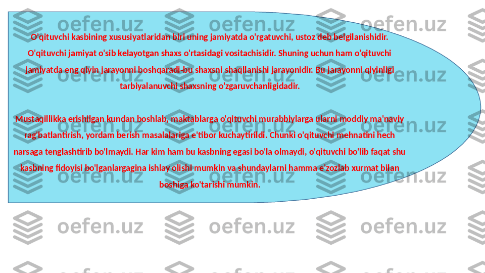 O'qituvchi kasbining xususiyatlaridan biri uning jamiyatda o'rgatuvchi, ustoz deb belgilanishidir. 
O'qituvchi jamiyat o'sib kelayotgan shaxs o'rtasidagi vositachisidir. Shuning uchun ham o'qituvchi 
jamiyatda eng qiyin jarayonni boshqaradi-bu shaxsni shaqllanishi jarayonidir. Bu jarayonni qiyinligi 
tarbiyalanuvchi shaxsning o'zgaruvchanligidadir.
Mustaqillikka erishilgan kundan boshlab, maktablarga o'qituvchi murabbiylarga ularni moddiy ma'naviy 
rag'batlantirish, yordam berish masalalariga e'tibor kuchaytirildi. Chunki o'qituvchi mehnatini hech 
narsaga tenglashtirib bo'lmaydi. Har kim ham bu kasbning egasi bo'la olmaydi, o'qituvchi bo'lib faqat shu 
kasbning fidoyisi bo'lganlargagina ishlay olishi mumkin va shundaylarni hamma e'zozlab xurmat bilan 
boshiga ko'tarishi mumkin. 