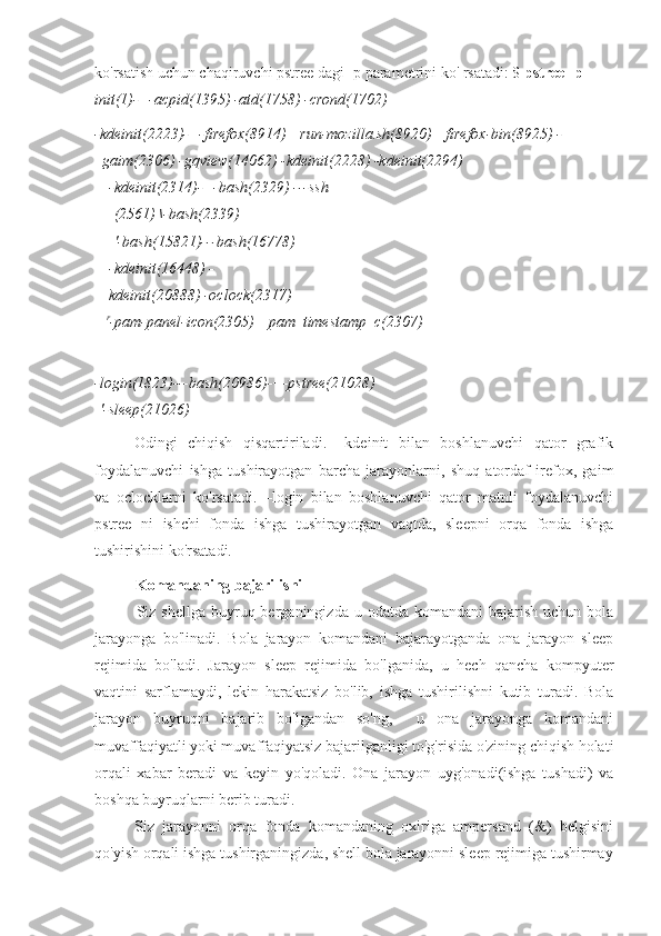 ko'rsatish uchun chaqiruvchi pstree dagi -p parametrini ko' rsatadi: $  pstree -p 
init(1)-+-acpid(1395) -atd(1758) -crond(1702)
-kdeinit(2223)-+-firefox(8914)—run-mozilla.sh(8920)—firefox-bin(8925) -
gaim(2306) -gqview(14062) -kdeinit(2228) -kdeinit(2294)
-kdeinit(2314)-+-bash(2329) ---ssh 
(2561) \-bash(2339)
'-bash(15821)---bash(16778)
-kdeinit(16448) -
kdeinit(20888) -oclock(2317)
r
-pam-panel-icon(2305)—pam_timestamp_c(2307)
-login(1823)---bash(20986)-+-pstree(21028) 
'-sleep(21026)
Odingi   chiqish   qisqartiriladi.   –kdeinit   bilan   boshlanuvchi   qator   grafik
foydalanuvchi   ishga   tushirayotgan   barcha   jarayonlarni,   shuq   atordaf   irefox,   gaim
va   oclocklarni   ko'rsatadi.   –login   bilan   boshlanuvchi   qator   matnli   foydalanuvchi
pstree   ni   ishchi   fonda   ishga   tushirayotgan   vaqtda,   sleepni   orqa   fonda   ishga
tushirishini ko'rsatadi.
Komandaning bajarilishi
Siz shellga  buyruq berganingizda  u  odatda komandani   bajarish  uchun bola
jarayonga   bo'linadi.   Bola   jarayon   komandani   bajarayotganda   ona   jarayon   sleep
rejimida   bo'ladi.   Jarayon   sleep   rejimida   bo'lganida,   u   hech   qancha   kompyuter
vaqtini   sarflamaydi,   lekin   harakatsiz   bo'lib,   ishga   tushirilishni   kutib   turadi.   Bola
jarayon   buyruqni   bajarib   bo'lgandan   so'ng,     u   ona   jarayonga   komandani
muvaffaqiyatli yoki muvaffaqiyatsiz bajarilganligi to'g'risida o'zining chiqish holati
orqali   xabar   beradi   va   keyin   yo'qoladi.   Ona   jarayon   uyg'onadi(ishga   tushadi)   va
boshqa buyruqlarni berib turadi.
Siz   jarayonni   orqa   fonda   komandaning   oxiriga   ampersand   (&)   belgisini
qo'yish orqali ishga tushirganingizda, shell bola jarayonni sleep rejimiga tushirmay 