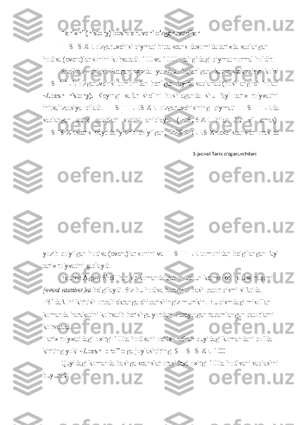 Tarixni (history) boshqaruvchi o'zgaruvchilar
HISTSIZE  o'zgaruvchisi qiymati bitta seans davomida tarixda saqlangan 
hodisa (event)lar sonini ko'rsatadi. 100 va 1000 oralig'idagi qiymat normal holdir.
Shelldan   chiqib   ketganingizda   yaqinda   bajarilgan   komandalarning   ko'pi
HISTFILE   o'zgaruvchisi tomonidan berilgan faylda saqlanadi(boshlang'ich holati
~/.bash_history).   Keyingi   safar   shellni   boshlaganda   shu   fayl   tarix   ro'yxatini
initsalizatsiya   qiladi.   HISTFILESIZE   o'zgaruvchisining   qiymati   HISTFILE da
saqlangan   tarix   qatorlari   sonini   aniqlaydi   (HISTSIZE   bilan   bir   xil   emas).
HISTSIZE seans   paytida   yozib   qo'yilgan,   HISTFILESIZE esa   seanslar   orasida
yozib qo'yilgan hodisa (event)lar sonini va  HISTFILE  tomonidan belgilangan fayl
tarix ro'yxatini saqlaydi.
Bourne Again Shell har bir komanda qatori uchun ketma-ket hodisa raqami 
(event number)ni  belgilaydi. Siz bu hodisa raqamini bash qator qismi sifatida 
PS1da \ !ni kiritish orqali ekranga chiqarishingiz mumkin. Bu qismdagi misollar 
komanda harakatini ko'rsatib berishga yordam berayotgan raqamlangan qatorlarni 
ko'rsatadi.
Tarix ro'yxatidagi oxirgi 100ta hodisani ochish uchun quyidagi komandani qo'lda 
kiriting yoki  ~/.bash_profile  ga joylashtiring:  $HISTSIZE=100
Quyidagi komanda bashga seanslar orasidagi oxirgi 100ta hodisani saqlashni
buyuradi: 1-jadval Tarix o'zgaruvchilari 