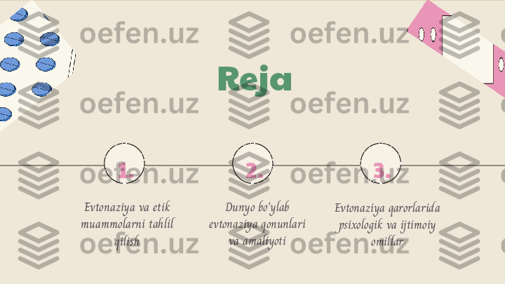 1. 2. 3.Reja
Evtonaziya va etik 
muammolarni tahlil 
qilish Dunyo bo'ylab 
evtonaziya qonunlari 
va amaliyoti Evtonaziya qarorlarida 
psixologik va ijtimoiy 
omillar 