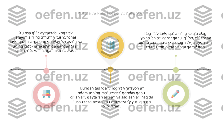 X ulo s a v a k elaj ak dagi y o'nalis hlar
Xulosa qilib aytganda, kognitiv 
jarayonlarning umumiy tushunchasi 
tadqiqotchilarga ong qanday ishlashini va 
uning xatti-harakatlariga qanday ta'sir 
qilishini tekshirishga imkon beradi.
Bundan tashqari, kognitiv jarayonlar 
odamlarning ma'lumotni qanday qabul 
qilishlari, qayta ishlashlari va saqlashlari haqida 
tushuncha beradi, bu esa nazariy yutuqlarga 
olib keladi. Kognitiv tadqiqotlarning kelajakdagi 
yo'nalishlari qaror qabul qilish, e'tibor va 
xotira kabi murakkab kognitiv jarayonlarni 
chuqurroq o'rganishga qaratilgan.  