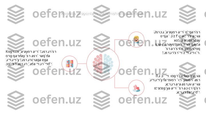 Kognit iv  j aray onlarni t us hunis hning ahamiy at i
Kognitiv jarayonlarni tushunish 
ong qanday ishlashi haqida 
umumiy tushunchaga ega 
bo'lish uchun juda muhimdir. Ushbu jarayonlarni o'rganish 
orqali biz fikrlar, hislar va 
xotiralar qanday 
shakllanayotganini va qayta 
ishlanishini yaxshiroq 
tushunishimiz mumkin.
Bu bilim kognitiv faoliyat va 
umumiy farovonlikni yaxshilash 
uchun aralashuvlar va 
strategiyalarni ishlab chiqish 
uchun zarurdir.       