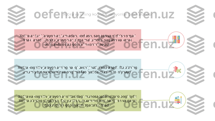 X ot ira v a uning k ognit iv  j aray onlar bilan aloqas i
Xotira kognitiv jarayonlarning hal qiluvchi jihati hisoblanadi. Bu bizning 
umumiy tushunchamiz va ongimiz faoliyatida muhim rol o'ynaydi.Xotiralar turli jarayonlar, jumladan, kodlash, saqlash va qidirish orqali 
shakllanadi. Ushbu jarayonlar bizga ma'lumotni saqlash va kerak 
bo'lganda eslab qolish imkonini beradi.
Xotira va kognitiv jarayonlar o'rtasidagi munosabatlar o'zaro bog'liqdir. 
Xotira bizning o'rganish, fikr yuritish, muammolarni hal qilish va qaror 
qabul qilish qobiliyatimizga ta'sir qiladi.        