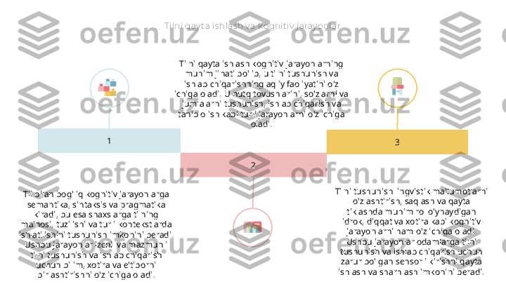 T ilni qay t a is hlas h v a k ognit iv  j aray onlar
1
2 3Tilni qayta ishlash kognitiv jarayonlarning 
muhim jihati bo'lib, u tilni tushunish va 
ishlab chiqarishning aqliy faoliyatini o'z 
ichiga oladi. U nutq tovushlarini, so'zlarni va 
jumlalarni tushunish, ishlab chiqarish va 
tanib olish kabi turli jarayonlarni o'z ichiga 
oladi.
Til bilan bog'liq kognitiv jarayonlarga 
semantika, sintaksis va pragmatika 
kiradi, bu esa shaxslarga tilning 
ma'nosi, tuzilishi va turli kontekstlarda 
ishlatilishini tushunish imkonini beradi. 
Ushbu jarayonlar izchil va mazmunli 
tilni tushunish va ishlab chiqarish 
uchun bilim, xotira va e'tiborni 
birlashtirishni o'z ichiga oladi. Tilni tushunish lingvistik ma'lumotlarni 
o'zlashtirish, saqlash va qayta 
tiklashda muhim rol o'ynaydigan 
idrok, diqqat va xotira kabi kognitiv 
jarayonlarni ham o'z ichiga oladi. 
Ushbu jarayonlar odamlarga tilni 
tushunish va ishlab chiqarish uchun 
zarur bo'lgan sensorli kirishni qayta 
ishlash va sharhlash imkonini beradi.   