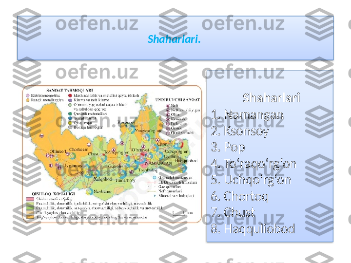 Shaharlari. 
  Shaharlari
1. Namangan
2. Ksonsoy
3. Pop
4. To‘raqo‘rg‘on
5. Uchqo‘rg‘on
6. Chortoq
7. Chust
8. Haqquliobod   