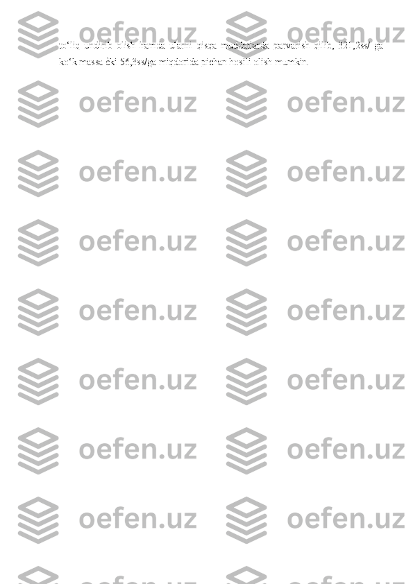 to‘liq   undirib   olish   hamda   ularni   qisqa   muddatlarda   parvarish   qilib,   321,2ss/   ga
ko‘k massa  ѐF ki 56,3ss/ga miqdorida pichan hosili olish mumkin. 