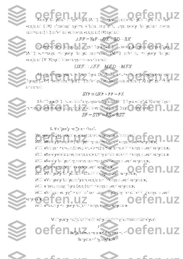 Asosiy   faoliyatdan   olingan   foyda   (AFF).   Bu  mahsulot   sotishdan   yalpi   foyda   bilan   davr
xarajatlari   (DX)   o’rtasidagi   ayirma   sifatida   belgilanib,   unga   asosiy   faoliyatidan   boshqa
daromadlar (BD) qo’shiladi va boshqa  xarajat lar (B X ) ayriladi:AFF	=	YaF	−	DX	+	BD	−	BX
3. Umumxo’jalik faoliyatidan olingan foyda (U X F).   Bu asosiy faoliyatdan olingan foyda
(AFF)   summasiga   moliyaviy   faoliyat   daromadlari   (MFD)   qo’shilib,   moliyaviy   faoliyat
xarajatlari (MFX) ay i ri l ib tashlangan holda aniqlanadi: 	
UXF	=	AFF	+	MFD	−	MFX
4.S oliq   to’la ngun gacha   bo’lgan   foyda   (STF).   Bu   umumxo’jalik   faoliyatidan   olingan
foydaga   (U X F)   favqulodda   foyda   (FF)   qo’shilgan   va   favqulodda   zararlar   (FZ)   ayirilgan   holda
aniqlanadi:	
STF	=	UXF	+	FF	−	FZ
5. S of foyda (SF).   Bu soliq to’lan gun gacha foydadan (STF) foyda solig’i ( F S) chegirilgan
hamda qonunda nazarda tutilgan boshqa soliq va to’lovlar (BST) ay i rilib belgilanadi:  	
SF	=	STF	−	FS	−	BST
9. Moliyaviy natijalar hisobi.
Moliyaviy natijalar hisobi quyidagi tranzit schyotlarda olib boriladi:
9000–«Asosiy (operatsion) faoliyatning daromadlarini hisobga oluvchi schyotlar»;
9100–«Sotilgan mahsulot (tovar, ish, xizmat)larning tannarxini hisobga oluvchi schyotlar»;
9200–«Asosiy vositalar va boshqa aktivlarning chiqib ketishini hisobga oluvchi schyotlar»
9300–«Asosiy faoliyatning boshqa daromadlarini hisobga oluvchi schyotlar»;
9400–«Davr xarajatlarini hisobga oluvchi schyotlar»;
9500–«Moliyaviy faoliyat daromadlarini hisobga oluvchi schyotlar»;
9600–«Moliyaviy faoliyat bo’yicha xarajatlarni hisobga oluvchi schyotlar»;
9700–«Favquloddagi foyda (zarar)larni hisobga oluvchi schyotlar»;
9800–«Soliqlar   va   yig’imlarni   to’lash   uchun   foydaning   ishlatilishini   hisobga   oluvchi
schyotlar»;
9900–«Yakuniy moliyaviy natijani hisobga oluvchi schyotlar».
Moliyaviy natijalar hisobi   schyotlarining korrespondensiyasi:
T/r
Xo’jalik muomalalarining mazmuni
Schyotlarning bog’lanishi 