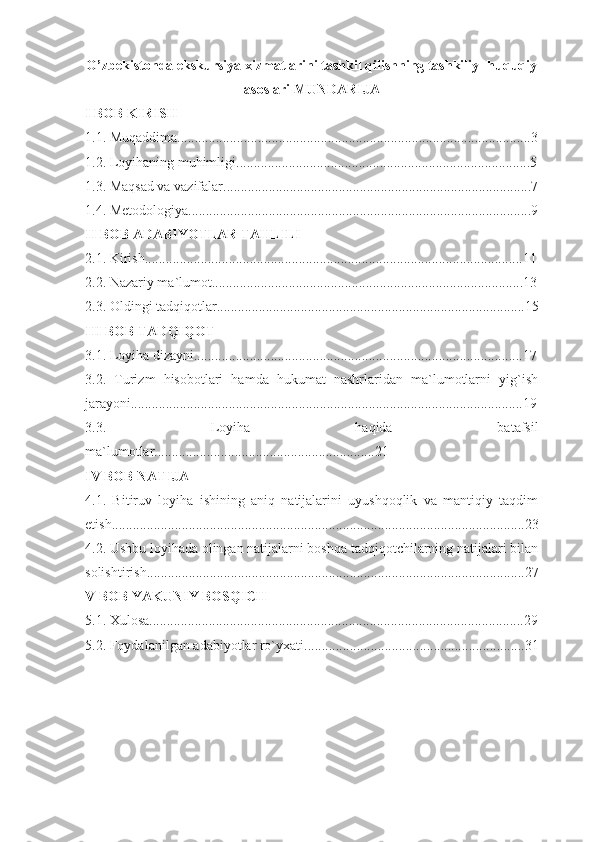 O’zbekistonda ekskursiya xizmatlarini tashkil qilishning tashkiliy- huquqiy
asoslari   MUNDARIJA 
I BOB   KIRISH  
1.1. Muqaddima.....................................................................................................3
1.2. Loyihaning muhimligi....................................................................................5
1.3. Maqsad va vazifalar........................................................................................7
1.4. Metodologiya..................................................................................................9
II BOB ADABIYOTLAR TAHLILI 
2.1. Kirish............................................................................................................11
2.2. Nazariy ma`lumot.........................................................................................13
2.3. Oldingi tadqiqotlar........................................................................................15
III BOB TADQIQOT 
3.1. Loyiha dizayni..............................................................................................17
3.2.   Turizm   hisobotlari   hamda   hukumat   nashrlaridan   ma`lumotlarni   yig`ish
jarayoni................................................................................................................19
3.3.   Loyiha   haqida   batafsil
ma`lumotlar...............................................................21
IV BOB NATIJA
4.1.   Bitiruv   loyiha   ishining   aniq   natijalarini   uyushqoqlik   va   mantiqiy   taqdim
etish......................................................................................................................23
4.2. Ushbu loyihada olingan natijalarni boshqa tadqiqotchilarning natijalari bilan
solishtirish............................................................................................................27
V BOB YAKUNIY BOSQICH
5.1. Xulosa...........................................................................................................29
5.2. Foydalanilgan adabiyotlar ro`yxati...............................................................31
    