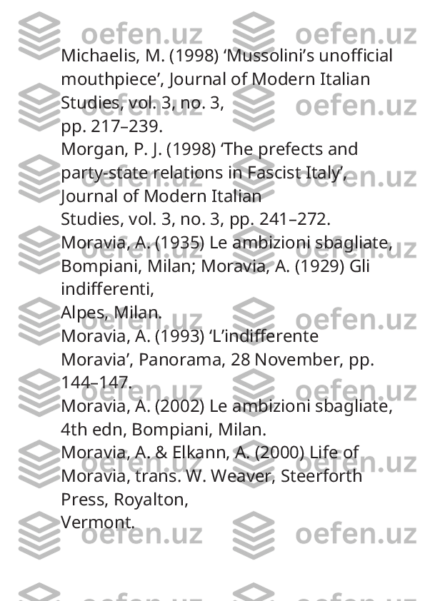 Michaelis, M. (1998) ‘Mussolini’s unofficial
mouthpiece’,  Journal of Modern Italian 
Studies , vol. 3, no. 3,
pp. 217–239.
Morgan, P. J. (1998) ‘The prefects and 
party-state relations in Fascist Italy’, 
Journal of Modern Italian
Studies , vol. 3, no. 3, pp. 241–272.
Moravia, A. (1935)  Le ambizioni sbagliate ,
Bompiani, Milan; Moravia, A. (1929)  Gli 
indifferenti ,
Alpes, Milan.
Moravia, A. (1993) ‘L’indifferente 
Moravia’,  Panorama , 28 November, pp. 
144–147.
Moravia, A. (2002)  Le ambizioni sbagliate,
4th edn, Bompiani, Milan.
Moravia, A. & Elkann, A. (2000)  Life of 
Moravia , trans. W. Weaver, Steerforth 
Press, Royalton,
Vermont. 