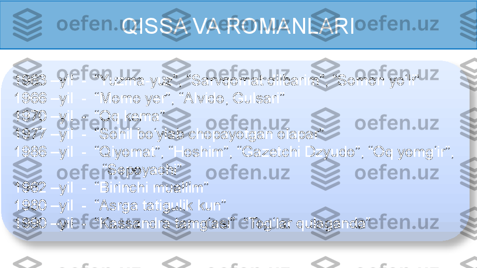 QISSA VA ROMANLARI
1963 –yil  -  “Yuzma-yuz”, “Sarvqomat dilbarim”, “Somon yo‘li”
1966 –yil  -  “Momo yer”, “Alvido, Gulsari” 
1970 –yil  -  “Oq kema” 
1977 –yil  -  “Sohil bo‘ylab chopayotgan olapar” 
1986 –yil  -  “Qiyomat”,   “Hoshim”, “Gazetchi Dzyudo”, “Oq yomg‘ir”, 
  “Sepoyachi”
1962 –yil  -  “Birinchi muallim”
1980 –yil  -  “Asrga tatigulik kun”
1990 –yil  -  “Kassandra tamg‘asi”  “Tog‘lar qulaganda”  