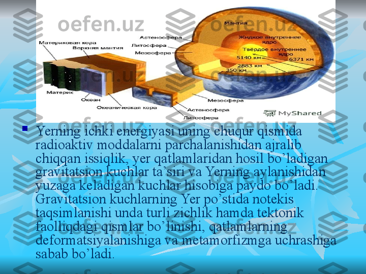 
Yerning ichki energiyasi uning chuqur qismida 
radioaktiv moddalarni parchalanishidan ajralib 
chiqqan issiqlik, yer qatlamlaridan hosil bo’ladigan 
gravitatsion kuchlar ta’siri va Yerning aylanishidan 
yuzaga keladigan kuchlar hisobiga paydo bo’ladi. 
Gravitatsion kuchlarning Yer po’stida notekis 
taqsimlanishi unda turli zichlik hamda tektonik 
faolliqdagi qismlar bo’linishi, qatlamlarning 
deformatsiyalanishiga va metamorfizmga uchrashiga 
sabab bo’ladi.   