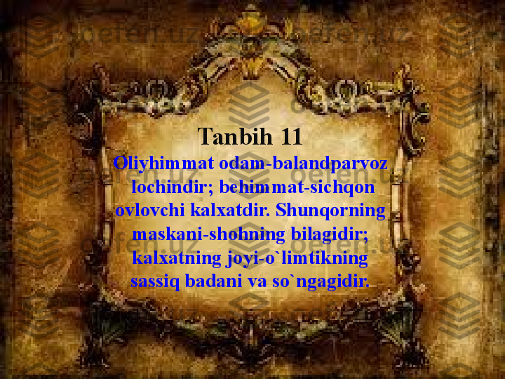 Tanbih 11
Oliyhimmat odam-balandparvoz 
 lochindir; behimmat-sichqon 
ovlovchi kalxatdir. Shunqorning 
maskani-shohning bilagidir; 
kalxatning joyi-o`limtikning 
sassiq badani va so`ngagidir. 