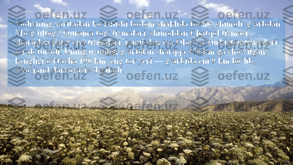 •
Vodiyning xaritadan ko‘rinishi bodom shaklida bo‘lib, shimoli  g‘arbdan 
Mo‘g‘ultog‘, Qurama tog‘ tizmalari, shimoldan   Chatqol tizmasi, 
sharqdan Farg‘ona tizmalari, janubdan esa   Oloy va Turkiston tizmalari 
o‘rab turadi. Uning uzunligi   g‘arbdan sharqqa 370 km ga cho‘zilgan, 
kengligi o‘rtacha   190 km, eng tor yeri — g‘arbida eni 9 km bo‘lib, 
«Xo‘jand darvozasi» deyiladi.  