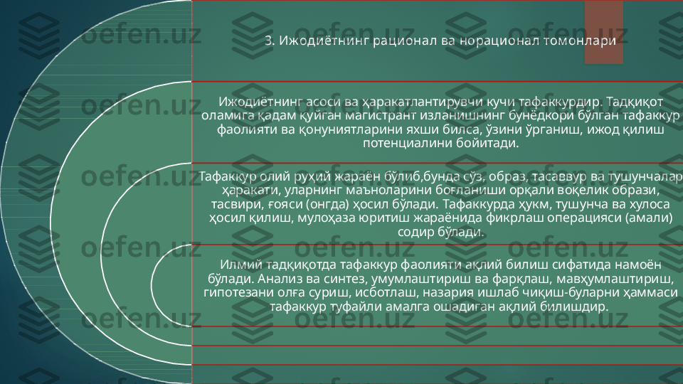 3.  Иж оди ётнинг рационал ва норационал том онлари
Ижодиётнинг асоси ва ҳаракатлантирувчи кучи тафаккурдир. Тадқиқот 
оламига қадам қуйган магистрант изланишнинг бунёдкори бўлган тафаккур 
фаолияти ва қонуниятларини яхши билса, ўзини ўрганиш, ижод қилиш 
потенциалини бойитади.
Тафаккур олий руҳий жараён бўлиб,бунда сўз, образ, тасаввур ва тушунчалар 
ҳаракати, уларнинг маъноларини боғланиши орқали воқелик образи, 
тасвири, ғояси (онгда) ҳосил бўлади. Тафаккурда ҳукм, тушунча ва хулоса 
ҳосил қилиш, мулоҳаза юритиш жараёнида фикрлаш операцияси (амали) 
содир бўлади.
Илмий тадқиқотда тафаккур фаолияти ақлий билиш сифатида намоён 
бўлади. Анализ ва синтез, умумлаштириш ва фарқлаш, мавҳумлаштириш, 
гипотезани олға суриш, исботлаш, назария ишлаб чиқиш-буларни ҳаммаси 
тафаккур туфайли амалга ошадиган ақлий билишдир.    