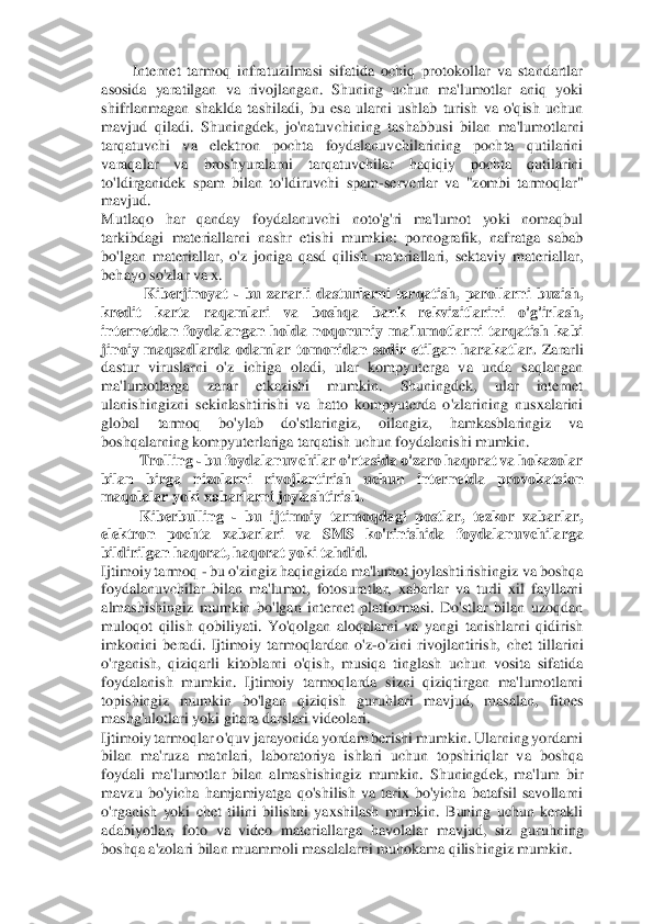 Internet  tarmoq  infratuzilmasi  sifatida  ochiq  protokollar  va  standartlar 	
asosida  yaratilgan  va  rivojlangan.  Shuning  uchun  ma'lumotlar  aniq  yoki 
shifrlanmagan  shaklda  tashiladi,  bu  esa  ularni  ushlab  turish  va  o'qish  uchun 
mavjud  qiladi.  Shuningdek,  jo'natuv	chining  tashabbusi  bilan  ma'lumotlarni 	
tarqatuvchi  va  elektron  pochta  foydalanuvchilarining  pochta  qutilarini 
varaqalar  va  broshyuralarni  tarqatuvchilar  haqiqiy  pochta  qutilarini 
to'ldirganidek  spam  bilan  to'ldiruvchi  spam	-serverlar  va  "zombi  tarmoqlar" 	
ma	vjud. 	 	
Mutlaqo  har  qanday  foydalanuvchi  noto'g'ri  ma'lumot  yoki  nomaqbul 
tarkibdagi  materiallarni  nashr  etishi  mumkin:  pornografik,  nafratga  sabab 
bo'lgan  materiallar,  o'z  joniga  qasd  qilish  materiallari,  sektaviy  materiallar, 
behayo so'zlar va x. 	 	
 Kiberj	inoyat 	- bu  zararli  dasturlarni  tarqatish,  parollarni  buzish, 	
kredit  karta  raqamlari  va  boshqa  bank  rekvizitlarini  o'g'irlash, 
internetdan  foydalangan  holda  noqonuniy  ma'lumotlarni  tarqatish  kabi 
jinoiy  maqsadlarda  odamlar  tomonidan  sodir  etilgan  harakatla	r. Zararli 	
dastur  viruslarni  o'z  ichiga  oladi,  ular  kompyuterga  va  unda  saqlangan 
ma'lumotlarga  zarar  etkazishi  mumkin.  Shuningdek,  ular  internet 
ulanishingizni  sekinlashtirishi  va  hatto  kompyuterda  o'zlarining  nusxalarini 
global  tarmoq  bo'ylab  do'stlaring	iz,  oilangiz,  hamkasblaringiz  va 	
boshqalarning kompyuterlariga tarqatish uchun foydalanishi mumkin.  	 	
Trolling 	- bu foydalanuvchilar o'rtasida o'zaro haqorat va hokazolar 	
bilan  birga  nizolarni  rivojlantirish  uchun  internetda  provokatsion 
maqolalar yoki xab	arlarni joylashtirish.	   	
Kiberbulling 	- bu  ijtimoiy  tarmoqdagi  postlar,  tezkor  xabarlar, 	
elektron  pochta  xabarlari  va  SMS  ko'rinishida  foydalanuvchilarga 
bildirilgan haqorat, haqorat yoki tahdid. 	 	
Ijtimoiy tarmoq 	- bu o'zingiz haqingizda ma'lumot joylashti	rishingiz va boshqa 	
foydalanuvchilar  bilan  ma'lumot,  fotosuratlar,  xabarlar  va  turli  xil  fayllarni 
almashishingiz  mumkin  bo'lgan  internet  platformasi.  Do'stlar  bilan  uzoqdan 
muloqot  qilish  qobiliyati.  Yo'qolgan  aloqalarni  va  yangi  tanishlarni  qidirish 
imko	nini  beradi.  Ijtimoiy  tarmoqlardan  o'z	-o'zini  rivojlantirish,  chet  tillarini 	
o'rganish,  qiziqarli  kitoblarni  o'qish,  musiqa  tinglash  uchun  vosita  sifatida 
foydalanish  mumkin.	 Ijtimoiy  tarmoqlarda  sizni  qiziqtirgan  ma'lumotlarni 	
topishingiz  mumkin  bo'lgan  q	iziqish  guruhlari  mavjud,  masalan,  fitnes 	
mashg'ulotlari yoki gitara darslari videolari. 	 	
Ijtimoiy tarmoqlar o'quv jarayonida yordam berishi mumkin. Ularning yordami 
bilan  ma'ruza  matnlari,  laboratoriya  ishlari  uchun  topshiriqlar  va  boshqa 
foydali  ma'lumot	lar  bilan  almashishingiz  mumkin.  Shuningdek,  ma'lum  bir 	
mavzu  bo'yicha  hamjamiyatga  qo'shilish  va  tarix  bo'yicha  batafsil  savollarni 
o'rganish  yoki  chet  tilini  bilishni  yaxshilash  mumkin.  Buning  uchun  kerakli 
adabiyotlar,  foto  va  video  materiallarga  havola	lar  mavjud,  siz  guruhning 	
boshqa a'zolari bilan muammoli masalalarni muhokama qilishingiz mumkin. 	  