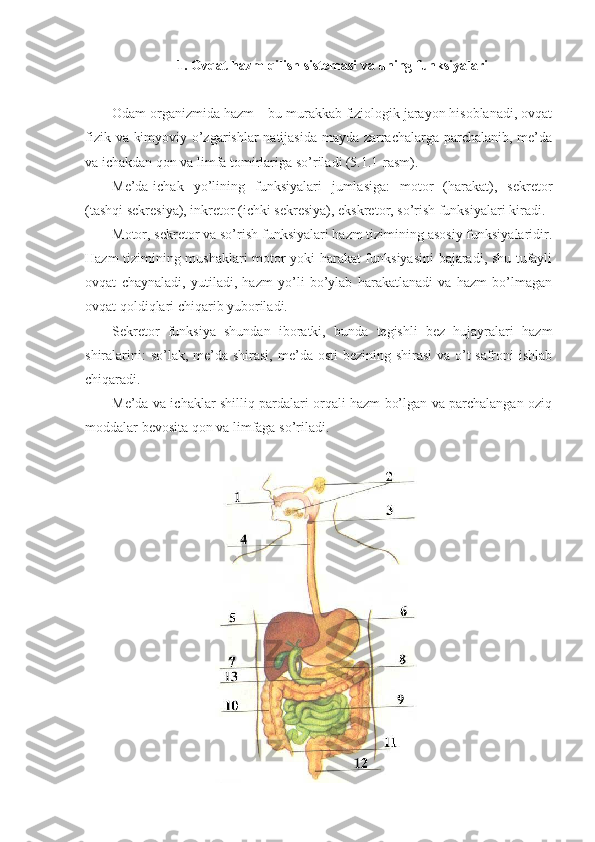 1. Ovqat hazm qilish sistemasi va uning funksiyalari
Odam organizmida hazm – bu murakkab fiziologik jarayon hisoblanadi, ovqat
fizik va kimyoviy o’zgarishlar natijasida mayda zarrachalarga parchalanib, me’da
va ichakdan qon va limfa tomirlariga so’riladi (5.1.1-rasm).
Me’da-ichak   yo’lining   funksiyalari   jumlasiga:   motor   (harakat),   sekretor
(tashqi sekresiya), inkretor (ichki sekresiya), ekskretor, so’rish funksiyalari kiradi. 
Motor, sekretor va so’rish funksiyalari hazm tizimining asosiy funksiyalaridir.
Hazm tizimining mushaklari motor yoki harakat funksiyasini bajaradi, shu tufayli
ovqat   chaynaladi,   yutiladi,   hazm   yo’li   bo’ylab   harakatlanadi   va   hazm   bo’lmagan
ovqat qoldiqlari chiqarib yuboriladi.
Sekretor   funksiya   shundan   iboratki,   bunda   tegishli   bez   hujayralari   hazm
shiralarini:  so’lak, me’da shirasi, me’da osti  bezining shirasi  va o’t-safroni  ishlab
chiqaradi. 
Me’da va ichaklar shilliq pardalari orqali hazm bo’lgan va parchalangan oziq
moddalar bevosita qon va limfaga so’riladi. 