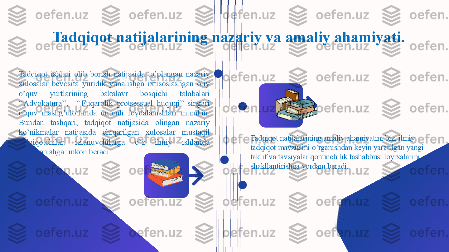 Tadqiqot  ishlari  olib  borish  natijasida  to’plangan  nazariy 
xulosalar  bevosita  yuridik  yunalishga  ixtisoslashgan  oliy 
o’quv  yurtlarining  bakalavr  bosqichi  talabalari 
‘‘Advokatura’’,    ‘‘Fuqarolik  protsessual  huquqi’’  singari 
o’quv  mashg’ulotlarida  unumli  foydalanishlari  mumkin. 
Bundan  tashqari,  tadqiqot  natijasida  olingan  nazariy 
ko’nikmalar  natijasida  chiqarilgan  xulosalar  mustaqil 
tadqiqotchilar.  izlanuvchilarga  o’z  ilmiy  ishlarida 
foydalanishga imkon beradi. Tadqiqot natijalarining amaliy ahamiyatini biz, ilmiy 
tadqiqot mavzusini o’rganishdan keyin yaratilgan yangi 
taklif va tavsiyalar qonunchilik tashabbusi loyixalarini 
shakllantirishga yordam beradi.Tadqiqot natijalarining nazariy va amaliy ahamiyati. 