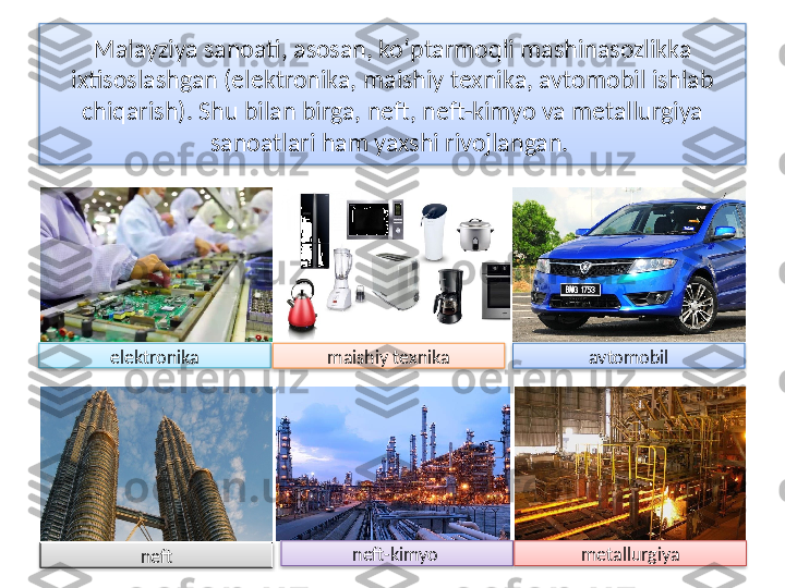 Malayziya sanoati, asosan, ko‘ptarmoqli mashinasozlikka 
ixtisoslashgan (elektronika, maishiy tex nika, avtomobil ishlab 
chiqarish). Shu bilan birga, neft, neft-kimyo va metallurgiya 
sanoatlari ham yaxshi rivojlangan. 
elektronika
neft maishiy tex	
 nika avtomobil
neft-kimyo  metallurgiya        