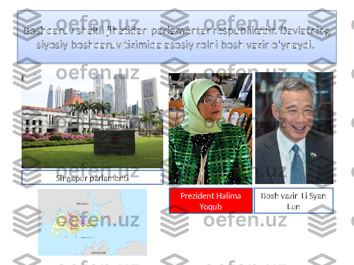 Boshqaruv shakli jihatidan parlamentar respublikadir. Davlatning 
siyosiy boshqaruv tizimida asosiy rolni bosh vazir o‘ynaydi. 
Prezident Halima 
Yoqub Bosh vazir  Li Syan 
LunSingapur parlamenti  