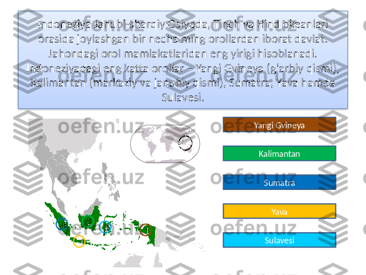 Indoneziya Janubi-sharqiy Osiyoda, Tinch va Hind okeanlari 
orasida joylashgan bir necha ming orollardan iborat davlat. 
Jahondagi orol mamla katlaridan eng yirigi hisoblanadi. 
Indoneziyada	
 gi eng katta orollar – Yangi Gvineya (g‘arbiy qismi), 
Kalimantan (markaziy va janubiy qis	
 mi), Sumatra, Yava hamda 
Sulavesi.
Yangi Gvineya
Kalimantan
Sumatra
Yava
Sulavesi2
53
4 1  