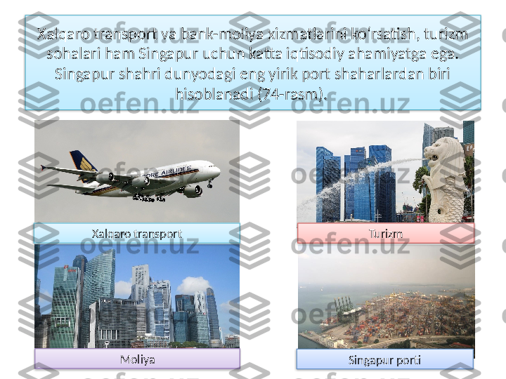 Xalqaro transport va bank-moliya xizmatlarini ko‘rsatish, turizm 
sohalari ham Singapur uchun katta iqtisodiy ahamiyatga ega. 
Singapur shahri dunyodagi eng yirik port shaharlardan biri 
hisoblanadi (74-rasm). 
TurizmXalqaro transport
Moliya
Singapur porti      