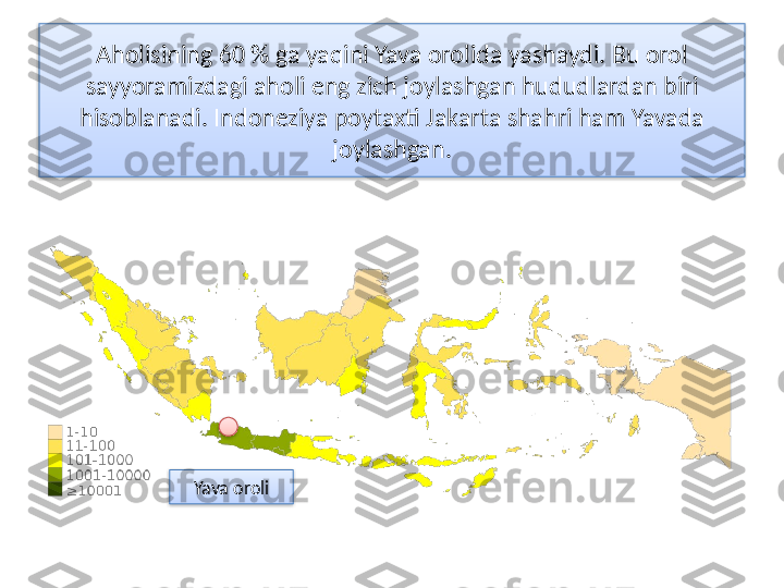 Aholisining 60 % ga yaqini Yava orolida yashaydi. Bu orol 
sayyoramizdagi aholi eng zich joylashgan hu dudlardan biri 
hisoblanadi. Indoneziya poytaxti Jakarta shahri ham Yavada 
joylashgan.
Yava oroli    