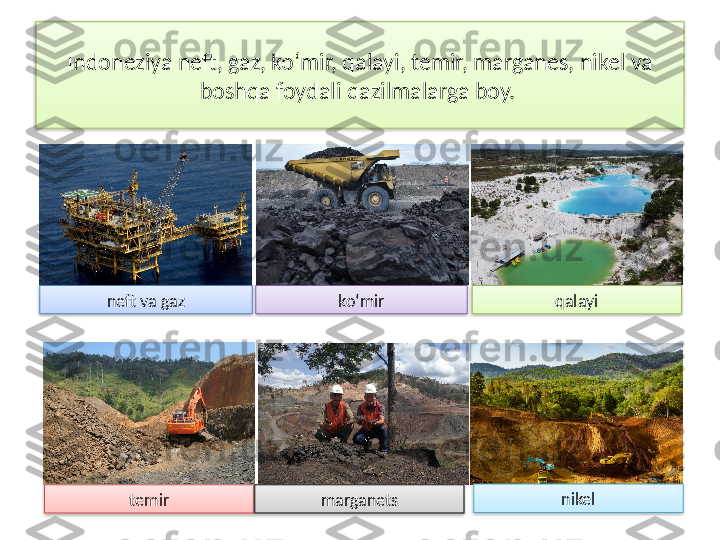 Indoneziya neft, gaz, ko‘mir, qalayi, temir, marganes, nikel va 
boshqa foydali qazilma larga boy. 
neft va gaz ko‘mir
temir marganets qalayi
nikel        