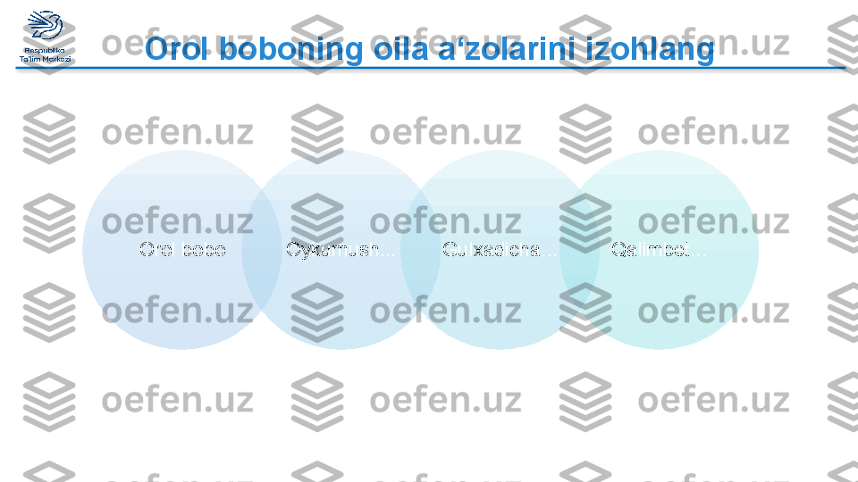 Orol boboning oila a‘zolarini izohlang
Orol bobo Oykumush... Gulxadicha... Qalimbet...      