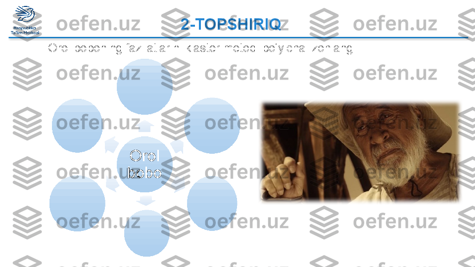 Orol boboning fazilatlarini klaster metodi bo‘yicha izohlang
Orol 
bobo 2-TOPSHIRIQ  