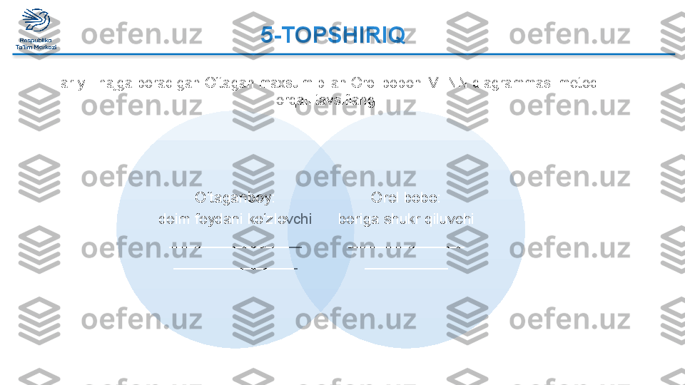 Har yili hajga boradigan O‘tagan maxsum bilan Orol boboni VENN diagrammasi metodi 
orqali tavsiflang
O‘taganboy:
doim foydani ko‘zlovchi
________________
_______________ Orol bobo:
boriga shukr qiluvchi
______________
__________5-TOPSHIRIQ    