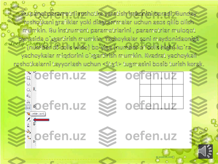 Bu panel parametrli reshotka yaratish imkonini beradi. Bunday 
reshotkani grafiklar yoki diagrammalar uchun asos qilib olish 
mumkin. Bu instrument parametrlarini , parametrlar muloqot 
oynasida o`zgartirish mumkin. Yacheykalar soni maydonidaeniga 
(number of cells wide) bo`yiga (number of cells high) ko`ra 
yacheykalar miqdorini o`zgartirish mumkin. Kvadrat yacheykali 
reshotkalarni tayyorlash uchun <Stg1> tugmasini bosib turish kerak . 