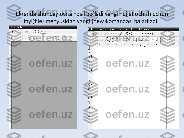 Ekranda shunday oyna hosil bo`ladi yangi hujjat ochish uchun 
fayl(file) menyusidan yangi (new)komandasi bajariladi.  