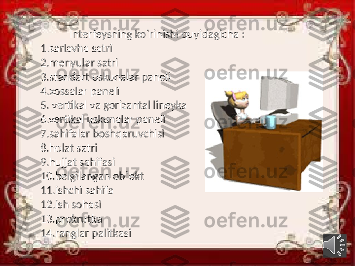                     Interfeysning ko`rinishi quyidagicha :
        1.sarlavha satri
        2.menyular satri
        3.standart uskunalar paneli
        4.xossalar paneli
        5. vertikal va gorizantal lineyka
        6.vertikal uskunalar paneli
        7.sahifalar boshqaruvchisi
        8.holat satri
        9.hujjat sahifasi
        10.belgilangan ob`ekt
        11.ishchi sahifa 
        12.ish sohasi
        13.prokrutka
        14.ranglar palitkasi 