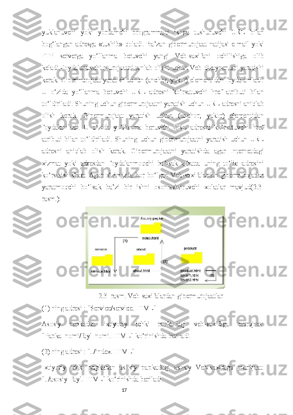 17yuklanuvchi   yoki   yordamchi   programmani   ishga   tushuruvchi   URL   bilan
bog‘langan  adresga  «tushib»  qoladi.  Ba’zan gipermurojaat  natijasi  e-mail  yoki
FTP   serverga   yo‘llanma   beruvchi   yangi   Veb-saxifani   ochilishiga   olib
keladi.Foydalanuvchi murojaatni tanlab olishi uchun Veb-dizayner uni yaratishi
kerak. Gipermurojaat yaratish uchun (anchor, yakor) elementidan foydalaniladi.
U   o‘zida   yo‘llanma   beruvchi   URL   adresni   ko‘rsatuvchi   href   atributi   bilan
to‘ldiriladi. Shuning uchun gipermurojaatni yaratish uchun URL adresni aniqlab
olish   kerak.   Gipermurojaat   yaratish   uchun   (anchor,   yakor)   elementidan
foydalaniladi.   U   o‘zida   yo‘llanma   beruvchi   URL   adresni   ko‘rsatuvchi   href
atributi   bilan   to‘ldiriladi.   Shuning   uchun   gipermurojaatni   yaratish   uchun   URL
adresni   aniqlab   olish   kerak.   Gipermurojaatni   yaratishda   agar   Internetdagi
xizmat   yoki   adresdan   foydalanmoqchi   bo‘lsak   albatta   uning   to‘liq   adresini
ko‘rsatish   shart.   Agar   o‘zimizda   bor   bo‘lgan   Veb-saxifalardan   gipermurojatlar
yaratmoqchi   bo‘lsak   ba’zi   bir   ishni   osonlashtiruvchi   xolatlar   mavjud(2.3-
rasm.):
2.3- rasm.  Veb-saxifalardan gipermurojaatlar
(1) ning adresi : "Service/service.HTML"
Asosiy   papkadan   ixtiyoriy   ichki   papkadagi   veb-saxifaga   murojaat:
"Papka_nomi/fayl_nomi.HTML" ko‘rinishda beriladi.
(2) ning adresi : "../index.HTML"
Ixtiyoriy   ichki   papkadan   asosiy   papkadagi   asosiy   Veb-saxifaga   murojaat:
"../asosiy_fayl.HTML" ko‘rinishda beriladi. 