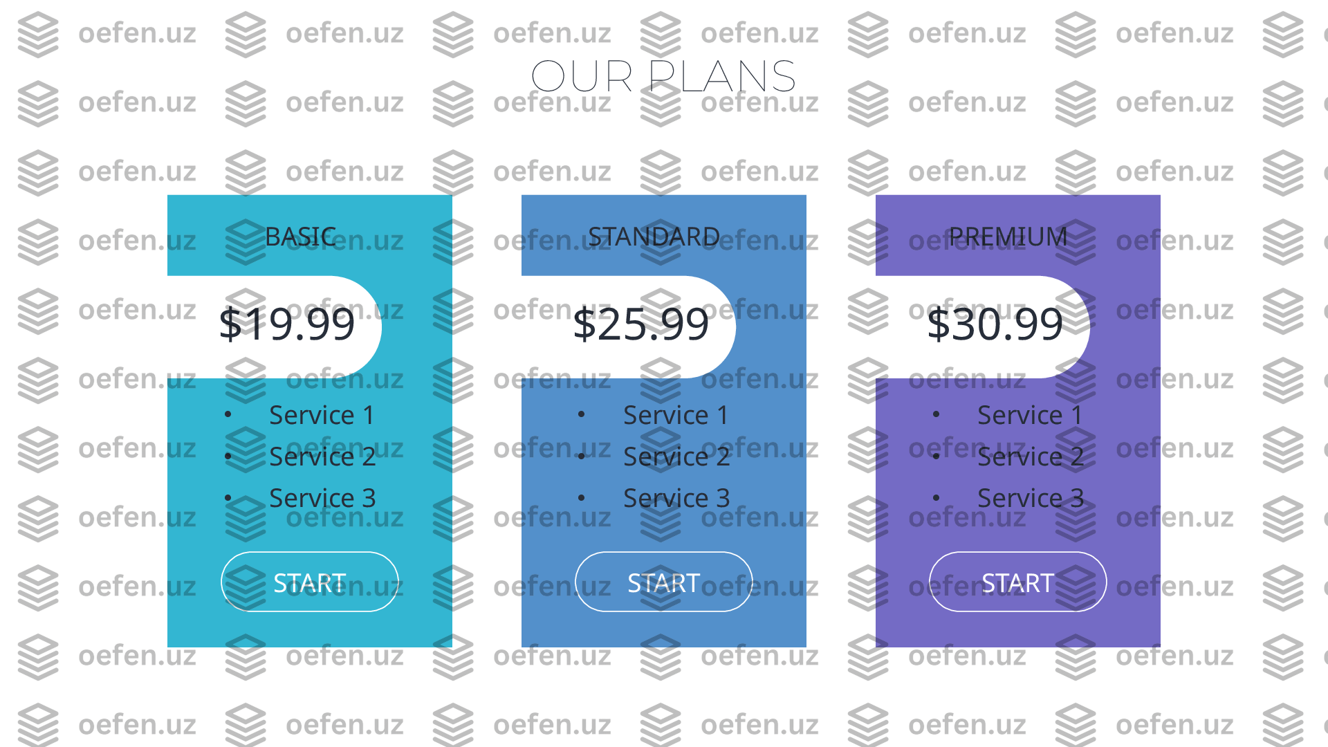 OUR PLANS
START•
Service 1
•
Service 2
•
Service 3BASIC
$19.99
START•
Service 1
•
Service 2
•
Service 3STANDARD
$25.99
START•
Service 1
•
Service 2
•
Service 3PREMIUM
$30.99 