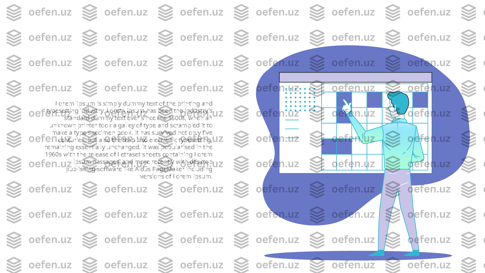 Lorem Ipsum  is simply dummy text of the printing and 
typesetting industry. Lorem Ipsum has been the industry's 
standard dummy text ever since the 1500s, when an 
unknown printer took a galley of type and scrambled it to 
make a type specimen book. It has survived not only five 
centuries, but also the leap into electronic typesetting, 
remaining essentially unchanged. It was popularised in the 
1960s with the release of Letraset sheets containing Lorem 
Ipsum passages, and more recently with desktop 
publishing software like Aldus PageMaker including 
versions of Lorem Ipsum. 