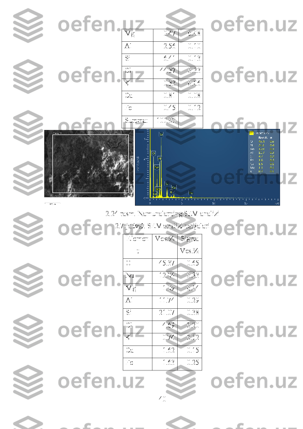 Mg 0.47 0.08
Al 2.56 0.10
Si 6.41 0.13
Cl 44.37 0.33
K 0.33 0.06
Ca 0.81 0.08
Fe 0.45 0.12
Summa: 100.00
2.24-rasm.  Namunalarning SEM analizi
2.7-jadval. SEM analizi natijalari 
Elemen
t Ves.% Sigma
Ves.%
O 45.37 0.65
Na 12.04 0.33
Mg 1.09 0.14
Al 11.74 0.29
Si 21.07 0.38
Cl 4.69 0.20
K 0.74 0.12
Ca 1.62 0.15
Fe 1.63 0.25
40 