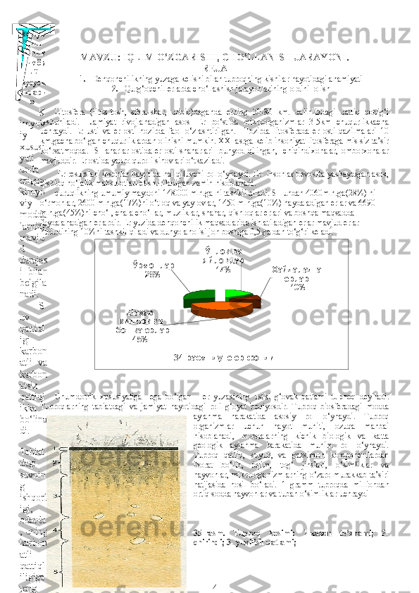 MAVZU:  IQLIM O’ZGARISHI, CHO’LLANISH JARAYONI.
REJA
1. Dehqonchilikning yuzaga kelishi bilan tuproqning kishilar hayotidagi ahamiyati
2. Q urg‘oqchil erlarda cho‘llashish jarayonlarining oldini  olish
Litosfera   (litos-tosh,   sfera-shar,   qobiq)deganda   erning   30-80   km.   qalinlikdagi   qattiq   qobig‘i
tushuniladi.     Jamiyat   rivojlanadigan   asos-   Er   po‘stida   mikroorganizmlar   3-5km   chuqurlikkacha
uchraydi.   Er   usti   va   er   osti   hozirda   faol   o‘zlashtirilgan.     Hozirda   litosferada   er   osti   qazilmalari   10
km.gacha bo‘lgan chuqurliklardan olinishi mumkin. XXI asrga kelib insoniyat litosferaga mislsiz ta’sir
ko‘rsatmoqda.     SHaharlar  ostida   er  osti  shaharlari     bunyod  qilingan,     chiqindixonalar,   omborxonalar
mavjuddir. Er ostida yadro quroli sinovlari o‘tkaziladi. 
  Er resurslari insonlar hayotida hal qiluvchi rol o‘ynaydi. Er- insonlar bevosita yashaydigan asos,
qishloq ho‘jalik mahsulotlari etishtiriladigan zamin hisoblanadi. 
quruqlikning umumiy maydoni 148000 mln.ga ni tashkil qiladi. SHundan 4060mln.ga(2k) ni 
o‘rmonlar, 2600 mln.ga(17%)ni o‘tloq va yaylovlar, 1450 mln.ga(10%) haydaladigan erlar va 6690 
mln.ga(45%)ni-cho‘l, chala cho‘llar, muzliklar, shahar, qishloqlar erlari va boshqa maqsadda 
foydalanadigan erlardir.  Er yuzida dehqonchilik maqsadlarida ishlatiladigan erlar mavjud erlar 
hududining 10%ni tashkil qiladi va dunyo aholisi jon boshiga 0,5 ga dan to‘g‘ri keladi. 
Unumdorlik   xususiyatiga     ega   bo‘lgan       er   yuzasining   ustki   g‘ovak   qatlami   tuproq   deyiladi.
Tuproqlarning   tabiatdagi   va   jamiyat   hayotidagi   roli   g‘oyat   beqiyosdir.   Tuproq   biosferadagi   modda
aylanma   harakatida   asosiy   rol   o‘ynaydi.   Tuproq
organizmlar   uchun   hayot   muhiti,   ozuqa   manbai
hisoblanadi,   moddalarning   kichik   biologik   va   katta
geologik   aylanma   harakatida   muhim   rol   o‘ynaydi.
Tuproq   qattiq,   suyuq,   va   gazsimon   komponentlardan
iborat   bo‘lib,   iqlim,   tog‘   jinslari,   o‘simliklar   va
hayvonlar, mikroorganizmlarning o‘zaro murakkab ta’siri
natijasida   hosil   bo‘ladi.   1   gramm   tuproqda   milliondan
ortiq sodda hayvonlar va tuban o‘simliklar uchraydi
  
 
35 -rasm.   Tuproq   kesimi:   1-xazon   to‘shami;   2-
chirindi; 3- yuvilish qatlami;Шахар 
қ ишло қ  ва 
бош қ а ерлар
45% Хайдаладган 
ерлар 
10%Ўтло қ  ва 
яйловлар 
17%Ўрмонлар 
28%
3 4-расм. Дунё ер фонди
4« « Сув
нинг 
физик 
кимёв
ий 
хусуси
ятлари
» 
K
imyov
iy 
xususi
yati 
unda 
erigan 
kimyo
viy 
modda
larning 
mavju
d 
darajas
i  bilan 
belgila
nadi.  
S
uv 
qattiql
igi 
karbon
atli  va 
karbon
atsiz 
qattiql
ikka 
bo‘lina
di.
 
Tabiat
dagi 
suvnin
g 
ishqorl
igi, 
odatda
,  uning 
karbon
atli 
qattiql
iligiga 
teng 
bo‘ladi 
va 
mg/ek
v   