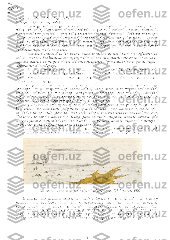 4-mineral tuzlar to‘planadigan qatlam;
5- tagzamin( Kriksunov, 1995  )                           
Tuproq tugaydigan va tiklanadigan resurslarga kiradi. Tuproq tarixiy tarkib topgan murakkab, mustaqil
tabiiy   jism   bo‘lib,   o‘zgaruvchan   dinamik   hosiladir.   Er   yuzi   turli   qobiqlari   o‘rtasidagi   aloqadorlik
tuproq orqali amalga oshadi. Tuproq tabiiy landshaftlarning asosi hisoblanadi. Biosferada bajaradigan
faoliyatiga qarab tuproqni organik hayot zanjirining eng muhim xalqasi deb yuritsa bo‘ladi. Tuproqda
u   yoki   bu   mikroelementlar   etishmasligi   yoki   optiqchaligi   organizmlarning   rivojlanishi   va   insonning
sog‘lig‘iga   bevosita   ta’sir   ko‘rsatadi;   Tuproq   kasallik   tarqatadigan;   ko‘plab   mikroorganizmlar
uchunzarur hayot  muhiti hisoblanadi. 
Tuproqda   sil,   vabo,   o‘lat,   ich-terlama,   brutsellez   va   boshqa   kasalliklarning   qo‘zg‘atuvchilari
bo‘lishi  mumkin. Biosferada tuproqning eng muhim roli shundaki, barcha organizmlarning qoldiqlari
tuproqda   parchalanadi   va   yana   mineral   birikmalarga   aylanadi.   Tynpoq  qatlamisiz   er   yuzida     hayotni
tasavvur ham qilib bo‘lmaydi.
Dehqonchilikning   yuzaga   kelishi   bilan   tuproqning   kishilar   hayotidagi   ahamiyati   keskin   oshib
ketgan. Inson o‘zi uchun zarur bo‘lgan barcha oziq mahsulotlari va ko‘plab boshqa vositalarni bevosita
yoki   bilvosita   tuproqdan   oladi.   Er   yuzidagi   hozirgi   mavjud   tuproq   qatlami   jamiyat   taraqqiyoti
natijasida kuchli o‘zgargan.
Insoniyat   tarixi   davomida   2   mlrd.   gektardan   ortiq   unumdor   tuproqli   erlar   yaroqsiz   holga
keltirilgan.   Har   yili   sayyoramizdagi   qishloq   xo‘jaligi   uchun   yaroqli   erlar   maydoni   sho‘r   bosishi,
emirilishi   natijasida   5-7   mln.gektarga   kamaymoqda.   Tuproqlarga   inson   ta’sirining   kuchayishi
sug‘oriladigan   dexqonchilik   va   chorvachilikning   rivojlanishi   bilan   bog‘liq.   Sug‘oriladigan   (obikor)
dexqonchilik Movarounnaxrda ham qariyib 5 ming yillik tarixga ega.
Er   yuzi   tuproq   qatlamining   hozirgi   holati   birinchi   navbatda   kishilik   jamiyatining   faoliyati   bilan
belgilanadi.   Inson   tuproqlarga   ijobiy   va   salbiy   ta’sir   ko‘rsatadi.   Inson   tuproqlarning   hosildorligini
oshirishi, erlarning holatini yaxshilashi mumkin. SHuning bilan birga shahar qurilishi, atrof-muhitning
ifloslanishi,   agrotexnik   tadbirlarning   talabga   javob   bermasligi   natijasida   tuproqlar   bevosita   yo‘q
qilinishi, yaroqsiz holga kelishi, emirilishi mumkin. Hozirgi kunda tuproqlar maydonining kamayishi
uning tiklanishidan minglab marta tezroq amalga oshmoqda.
Tabiatda shamol va suv ta’sirida tuproqlarning emirilishi   yoki eroziyasi kuzatiladi. Inson faoliyati
natijasida tezlashgan suv va shamol eroziyasi amalga oshadi, jarlar hosil bo‘ladi(46-rasm).
 
36 -rasm. Tuproq eroziyasi va jarning hosil bo‘lishi ( Kriksunov,1995)
Antropogen   eroziya   tuproq   resurslaridan   noto‘g‘ri   foydalanishning   oqibati   bo‘lib,   uning   asosiy
sabablari o‘rmon va to‘qaylarni qirqib yuborish, yaylovlarda chorva mollarini boqish normasiga amal
qilmaslik,   dexqonchilik   yuritishning   noto‘g‘ri   metodlaridan   foydalanish   va   boshqalardir.   Turli
malumotlarga   ko‘ra   har   kuni   er   yuzida   eroziya   natijasida   3500   ga   unumdor   tuproqli   erlar   ishdan
chiqadi. Suv eroziyasi ko‘proq tog‘   oldi va tog‘li rayonlarda, shamol eroziyasi tekisliklarda kuzatiladi.
CHang   bo‘ronlari   natijasida   bir   necha   soat   ichida   tuproqning   25   santimetrgacha   bo‘lgan   qatlamini
5« « Сув
нинг 
физик 
кимёв
ий 
хусуси
ятлари
» 
K
imyov
iy 
xususi
yati 
unda 
erigan 
kimyo
viy 
modda
larning 
mavju
d 
darajas
i  bilan 
belgila
nadi.  
S
uv 
qattiql
igi 
karbon
atli  va 
karbon
atsiz 
qattiql
ikka 
bo‘lina
di.
 
Tabiat
dagi 
suvnin
g 
ishqorl
igi, 
odatda
,  uning 
karbon
atli 
qattiql
iligiga 
teng 
bo‘ladi 
va 
mg/ek
v   